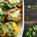 Low Carb Stuffed Peppers Recipe Overhead View in Casserole Dish