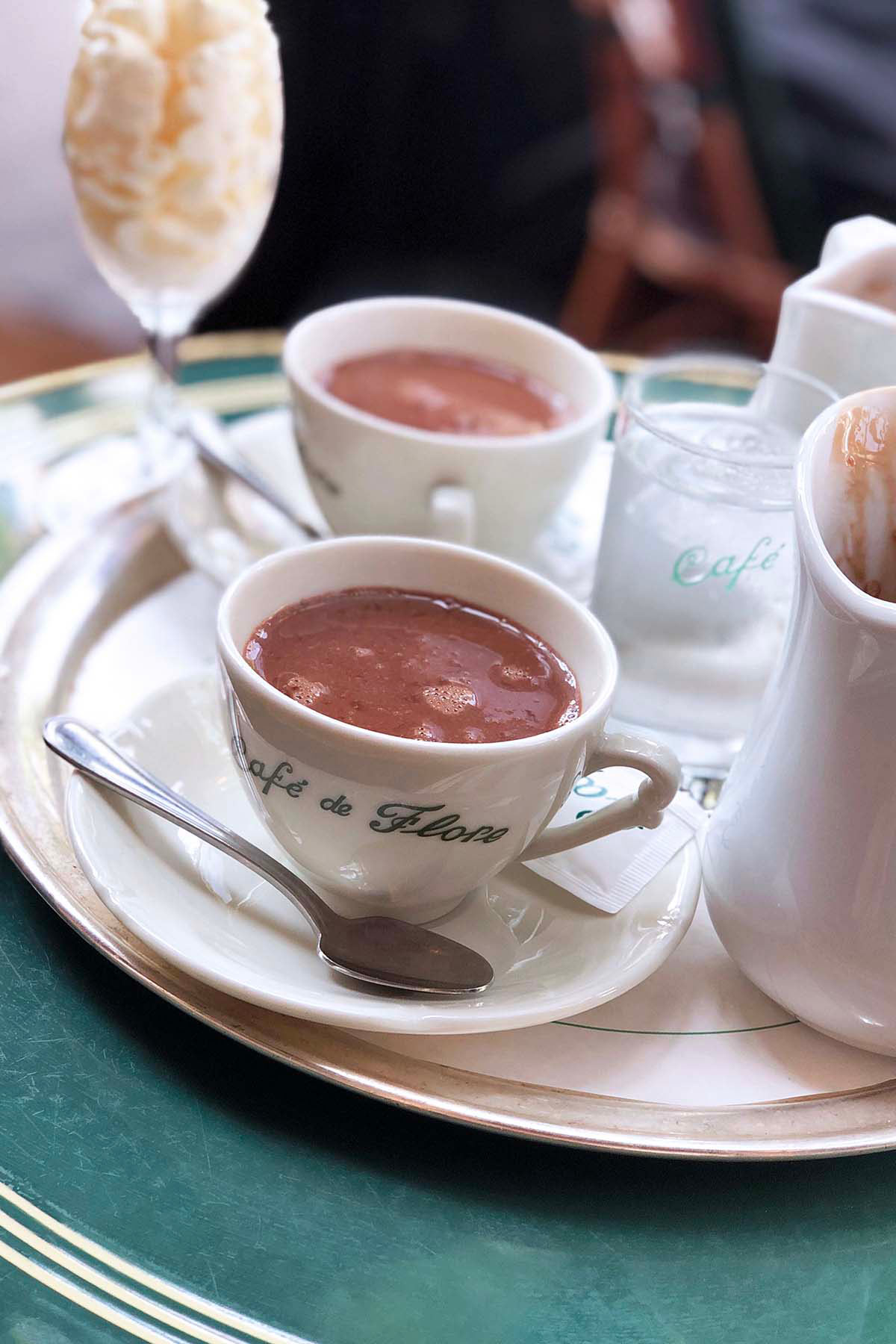 front view of tray of Parisian hot chocolate at cafe de flore