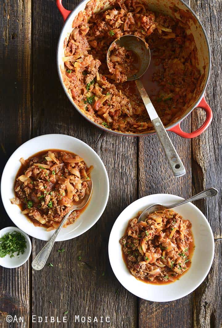 Stuffed Cabbage Casserole in Pot and in Two Serving Bowls