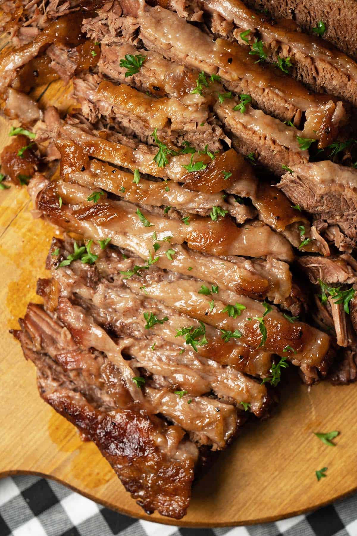 close up of juicy slow cooked beef brisket