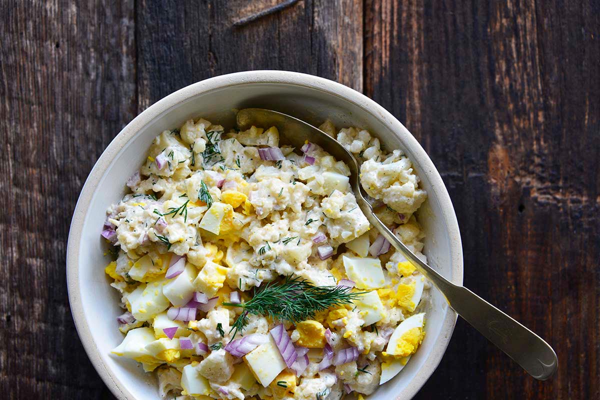 keto faux potato salad made with cauliflower