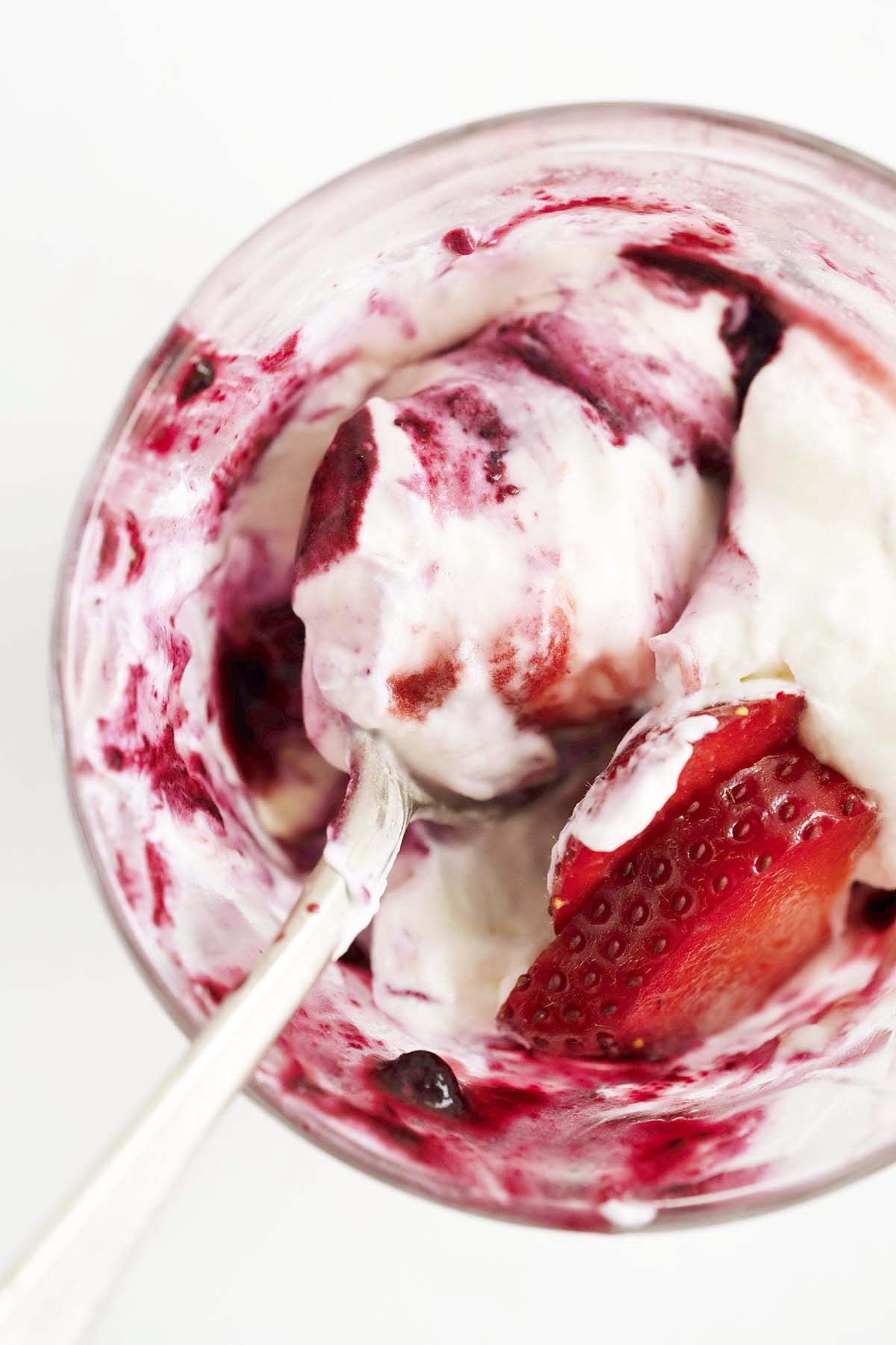 close up overhead view of partially eaten parfait