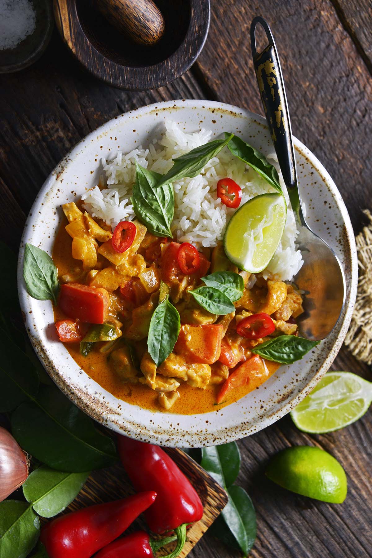 close up top view of Thai Penang curry