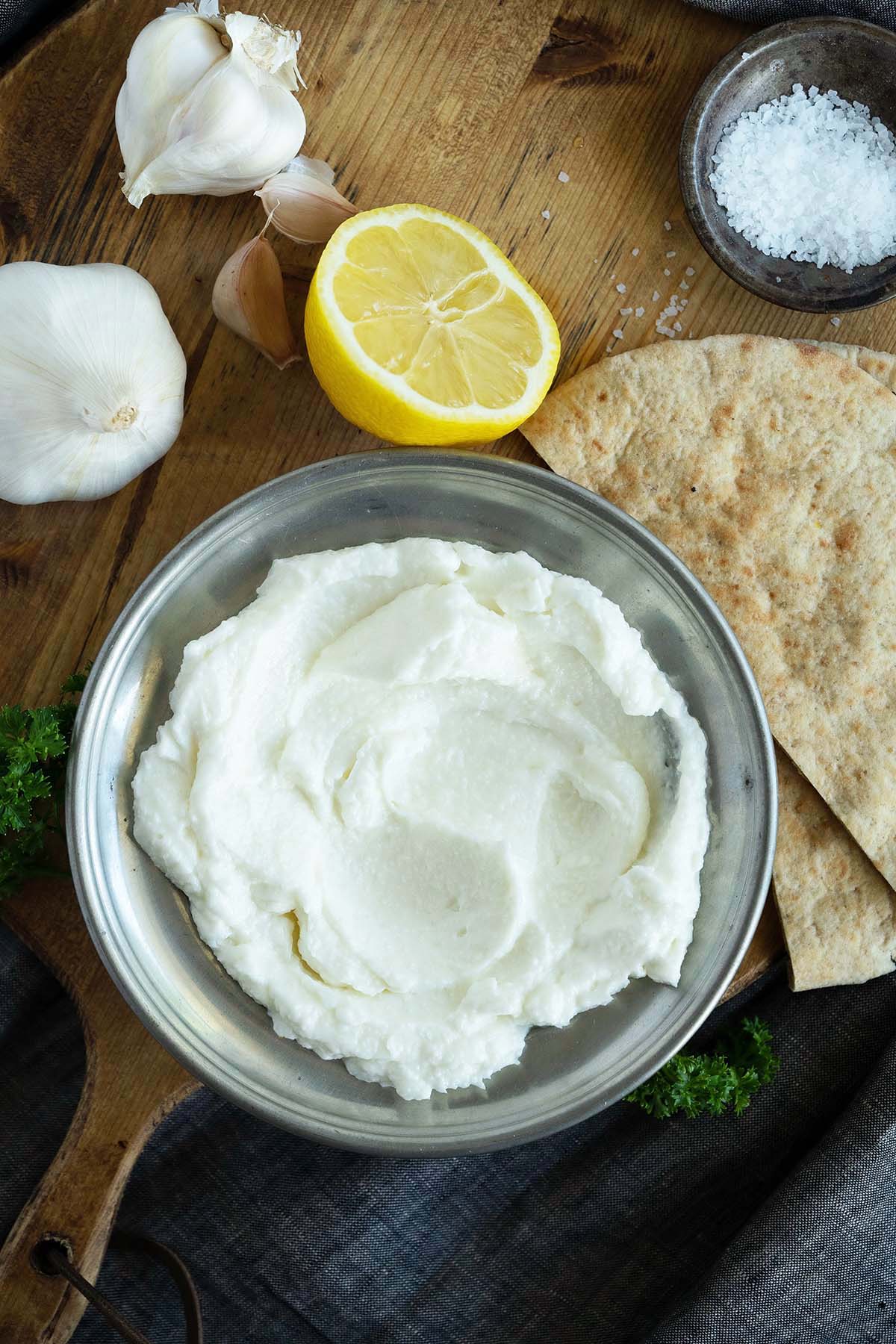 top view of bowl of whipped garlic sauce