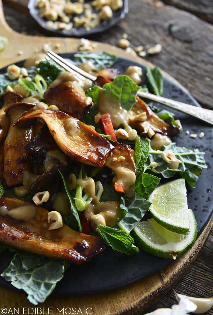 front view of glazed king oyster mushroom salad