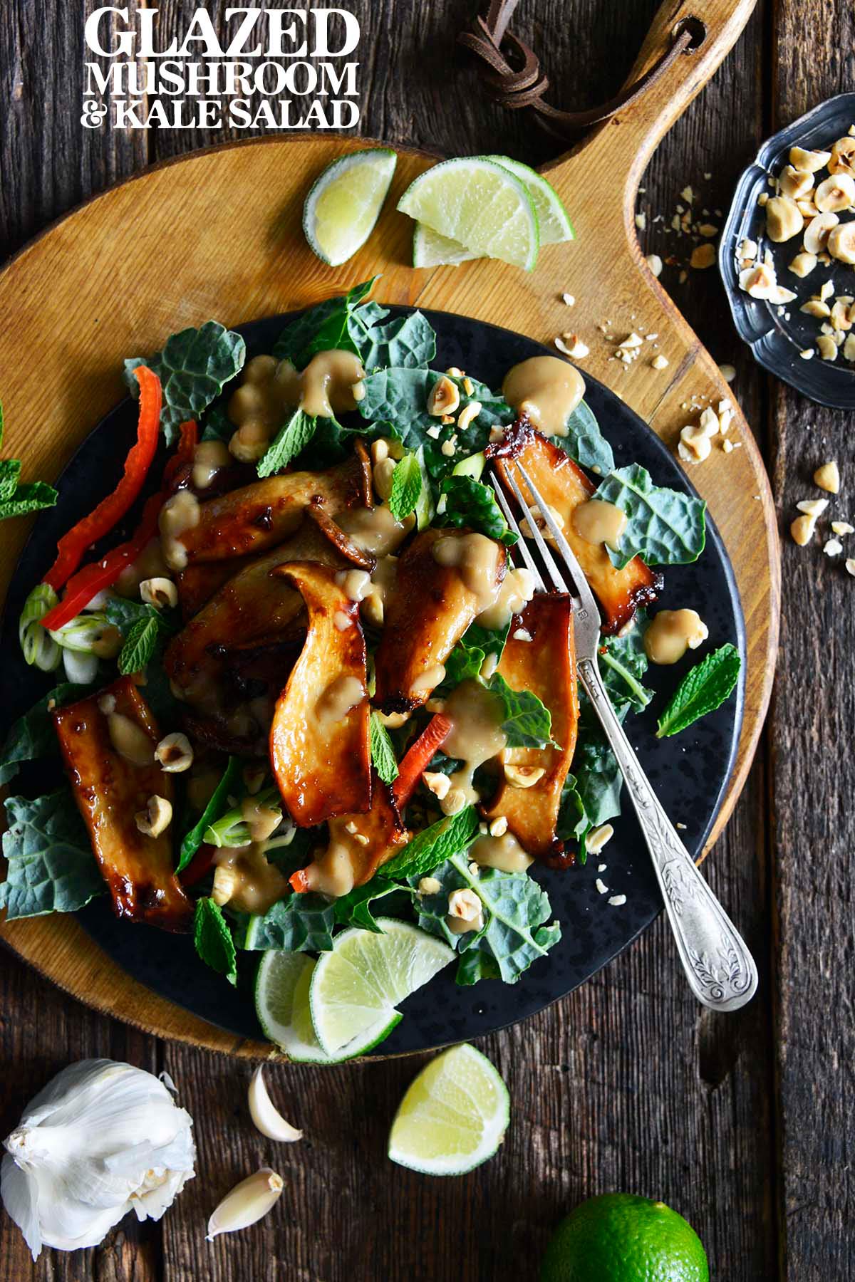glazed mushroom and kale salad recipe pin