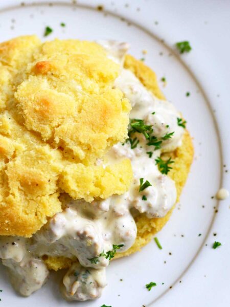 keto biscuits and low carb sausage gravy recipe featured image