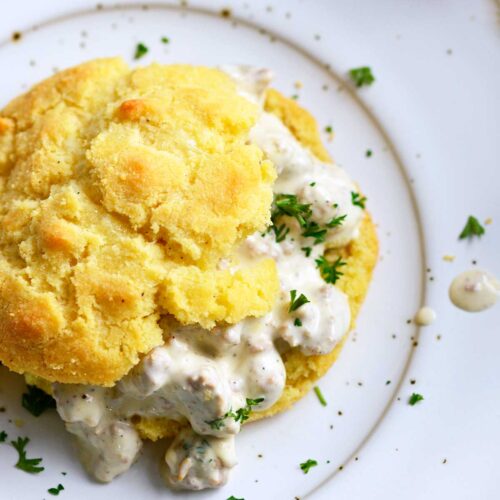 keto biscuits and low carb sausage gravy recipe featured image
