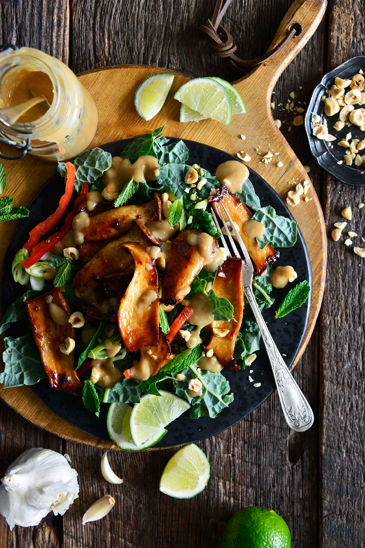 king oyster mushroom salad with maple tahini dressing