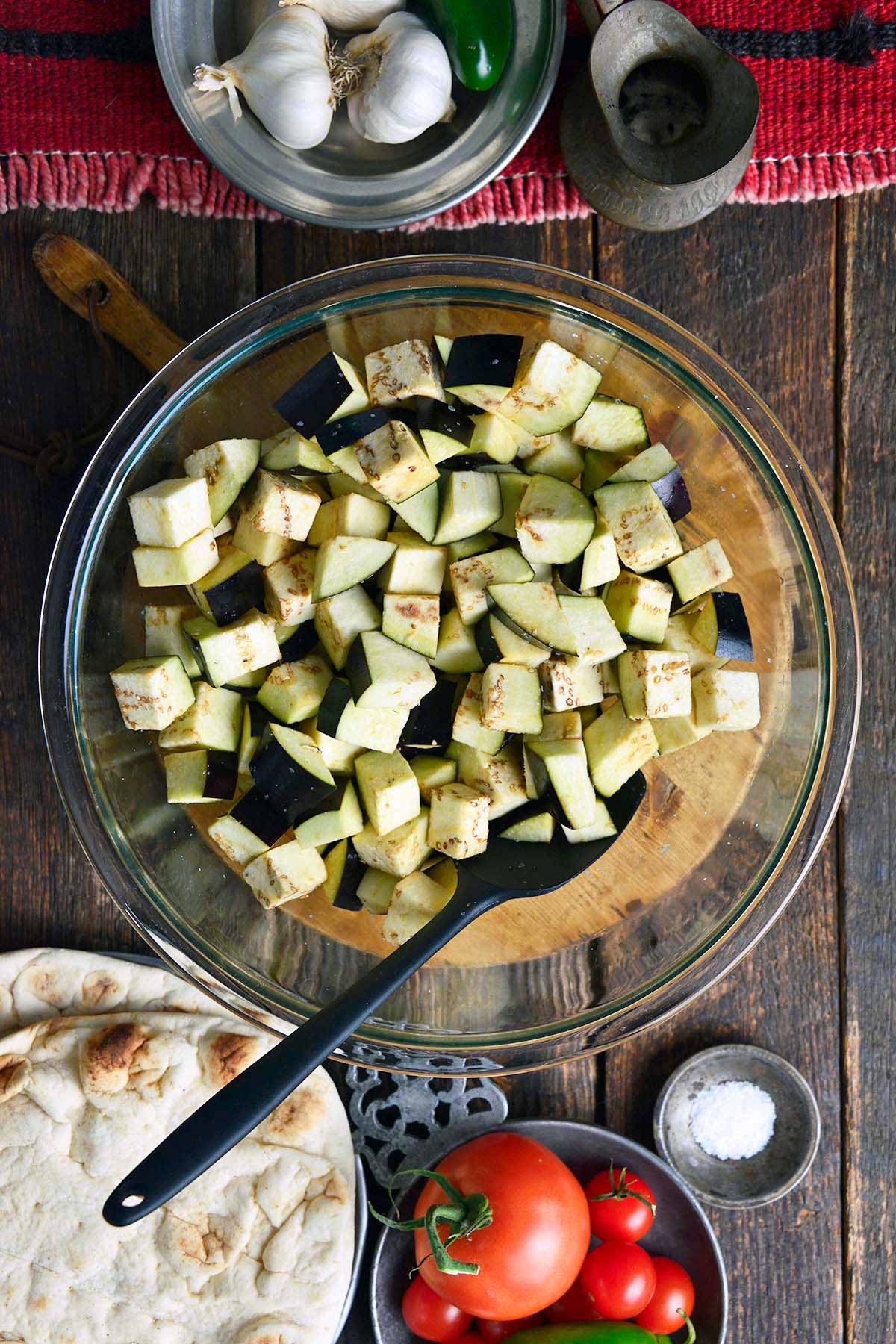 salted eggplant in glass bowl