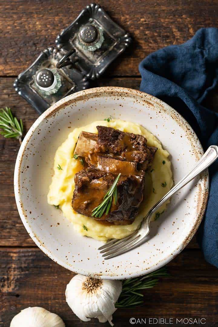 beef short ribs served on top of mashed cauliflower