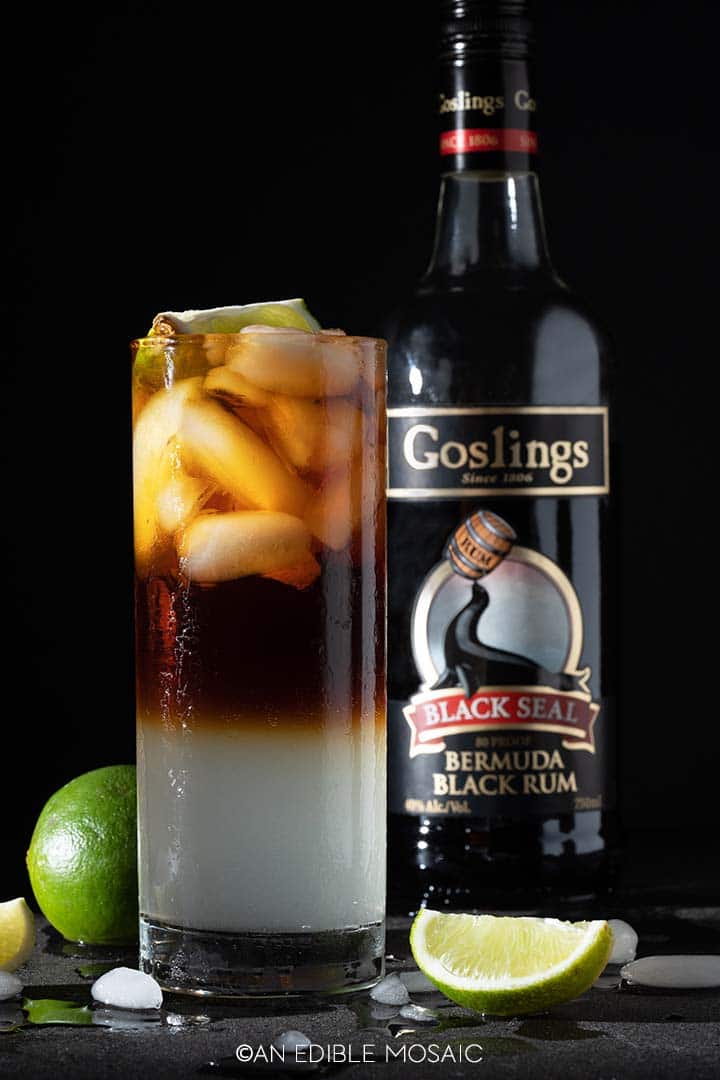spiced dark and stormy drink with goslings black seal rum bottle