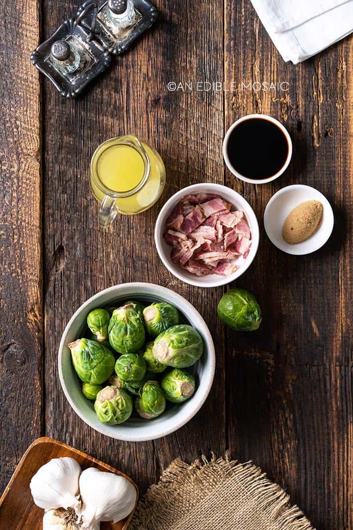 ingredients for crispy instant pot brussels sprouts with bacon and balsamic