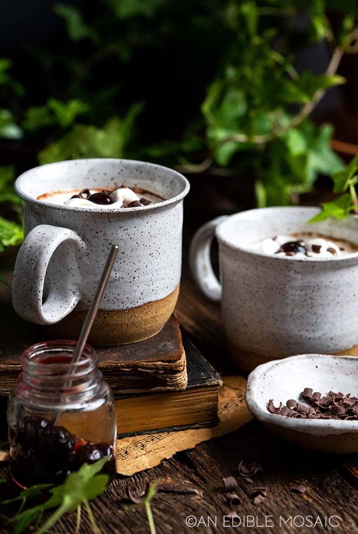 2 ceramic mugs of hot cocoa