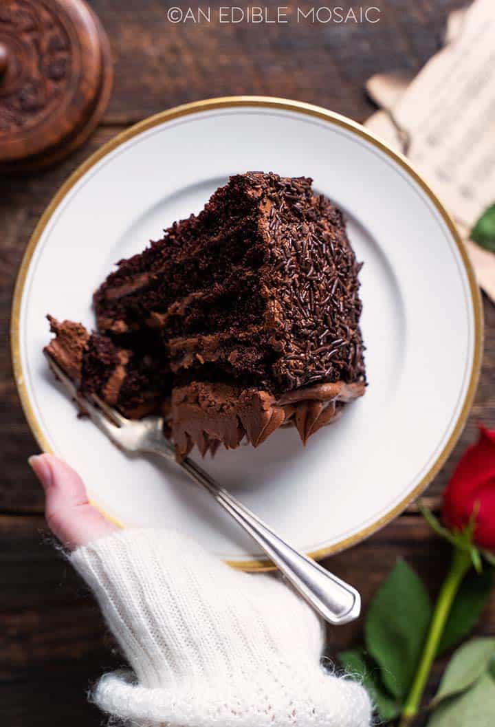 holding a plate with a slice of chocolate valentine's day cake for two