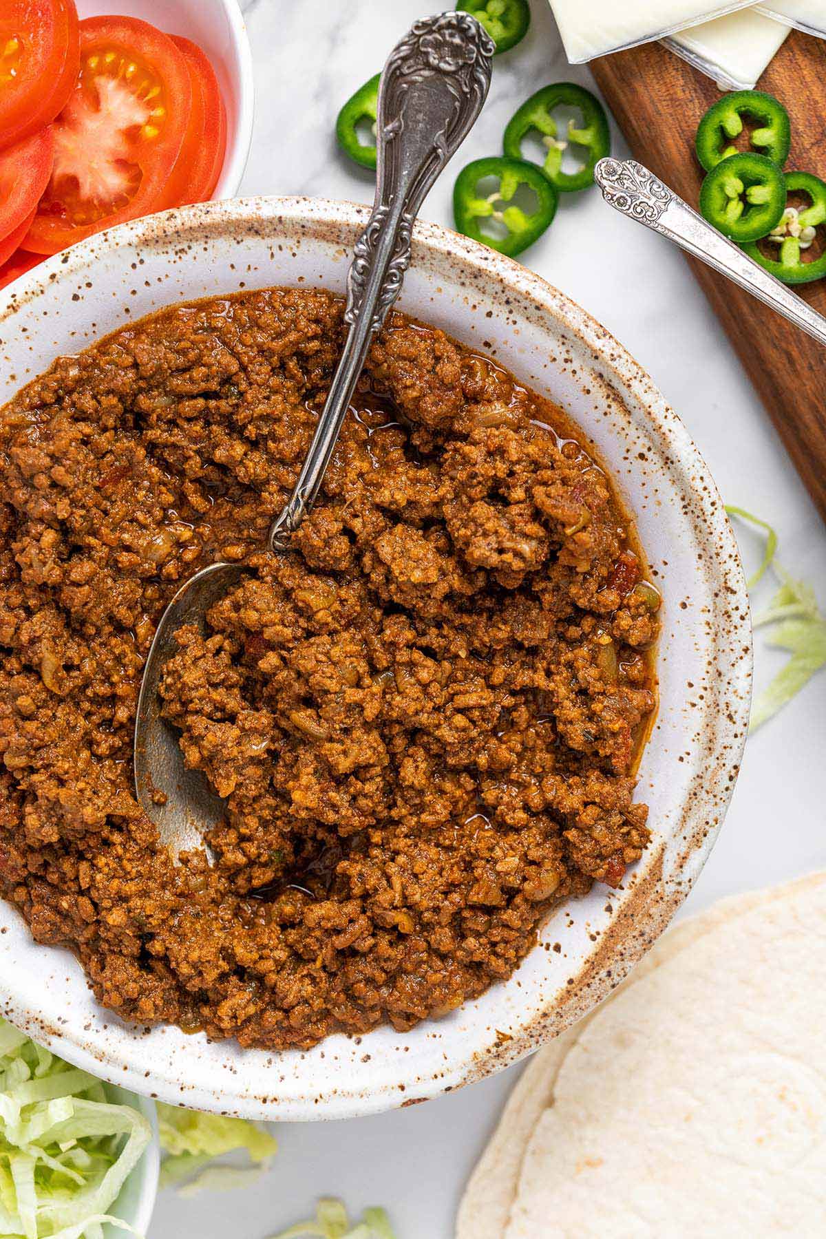 top view of bowl of homemade lightly taco seasoned beef