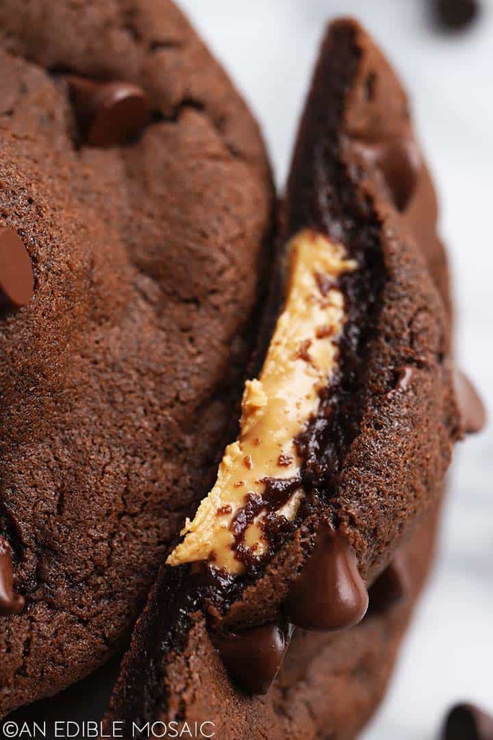 gooey peanut butter filling in chocolate cookie