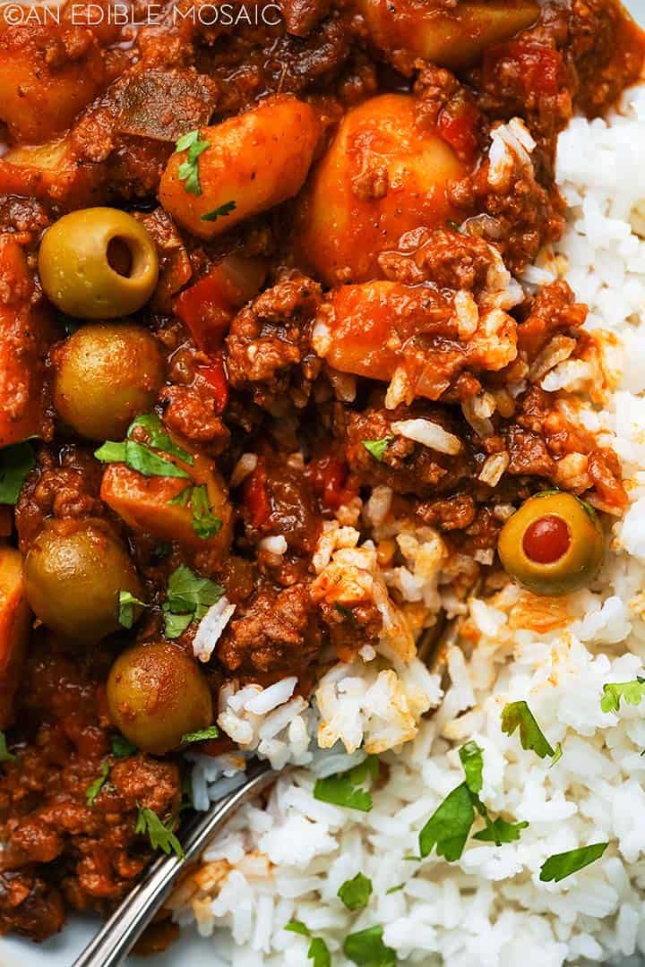 close up of picadillo with rice