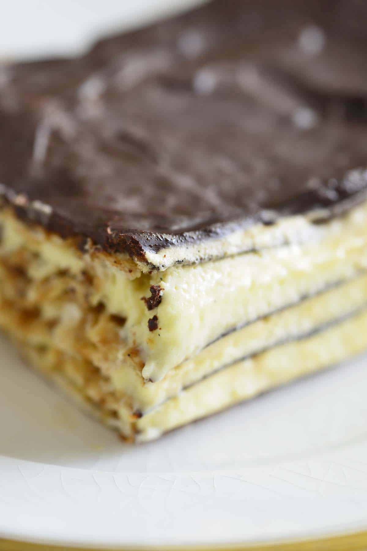 close up of slice of matzo tiramisu showing creamy filling texture