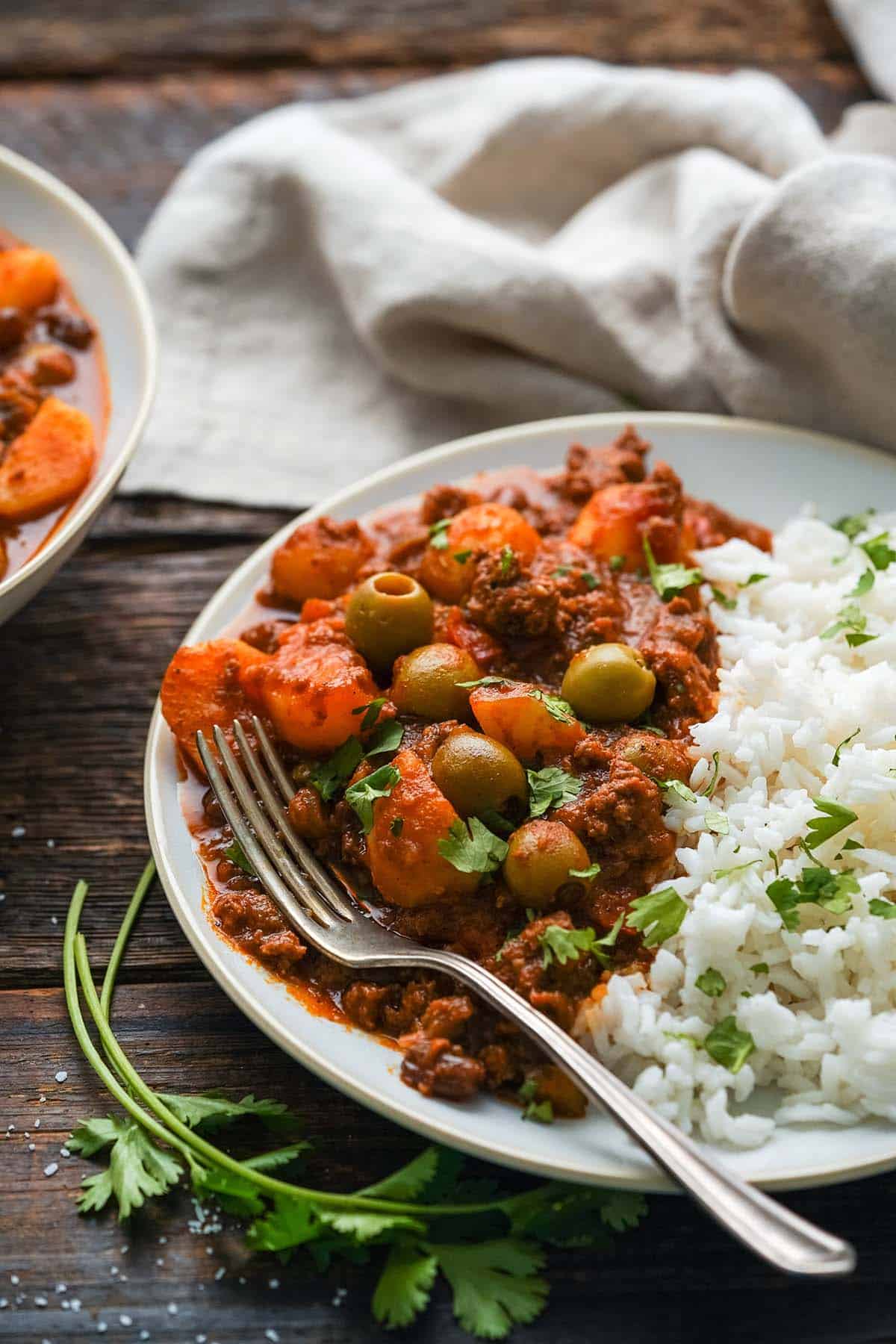 front view of cuban picadillo recipe with rice on plate