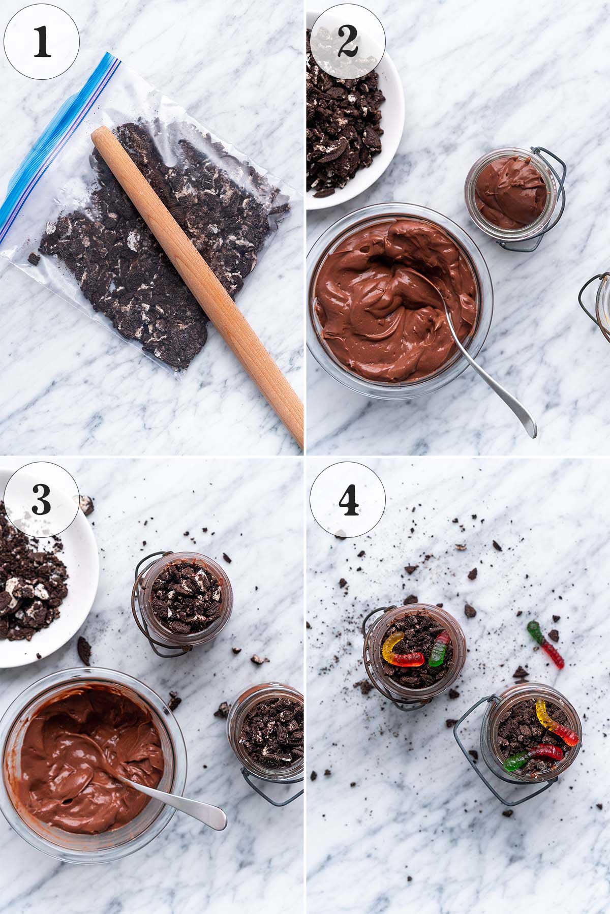 how to make no bake chocolate dirt pudding cups with gummy worms
