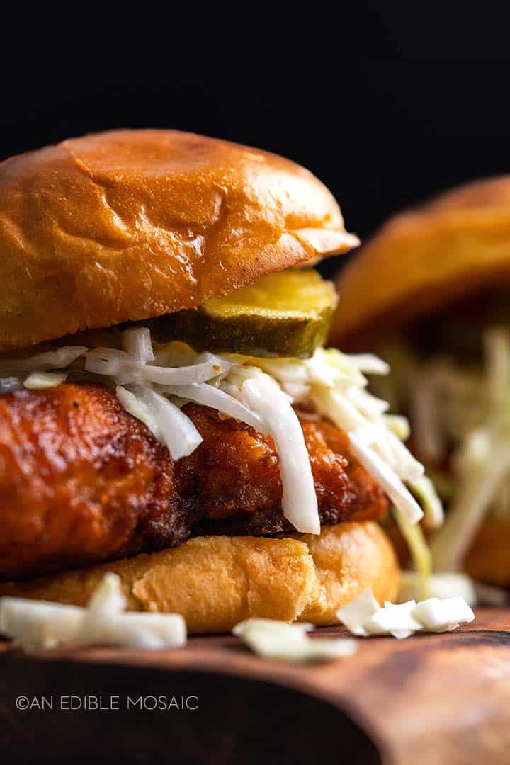 close up side view of nashville hot chicken sandwich