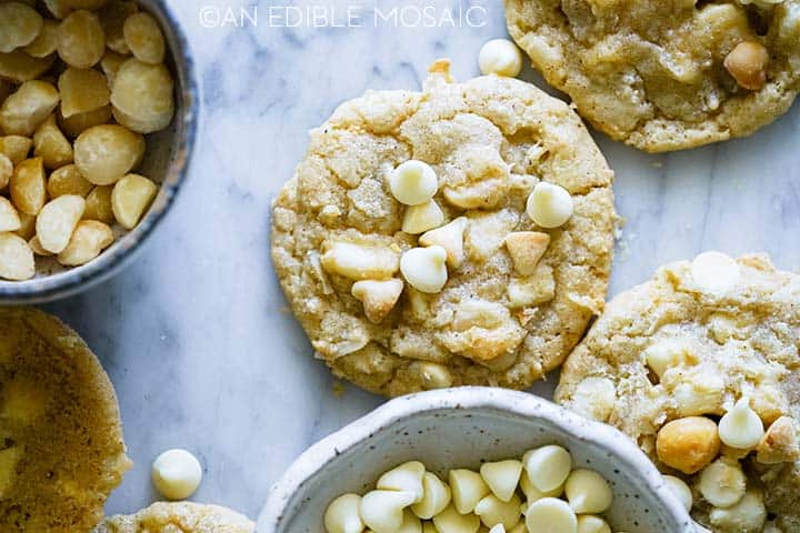 close up top view of brown butter white chocolate macadamia nut cookies