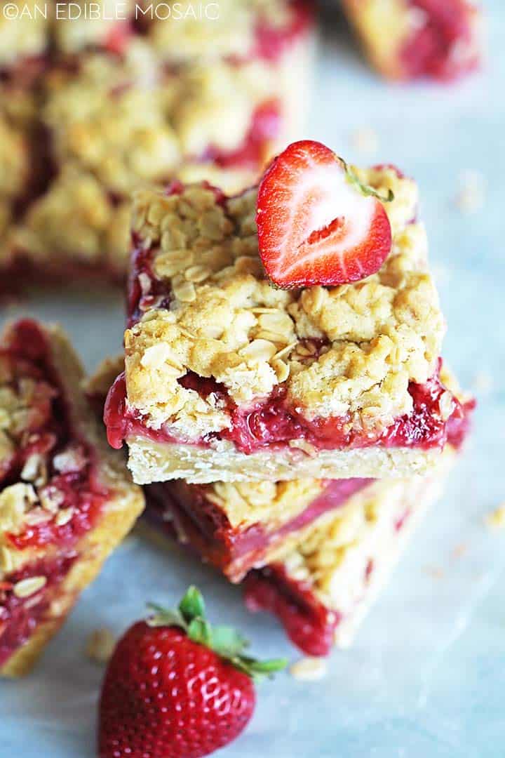 stack of strawberry crumble bars