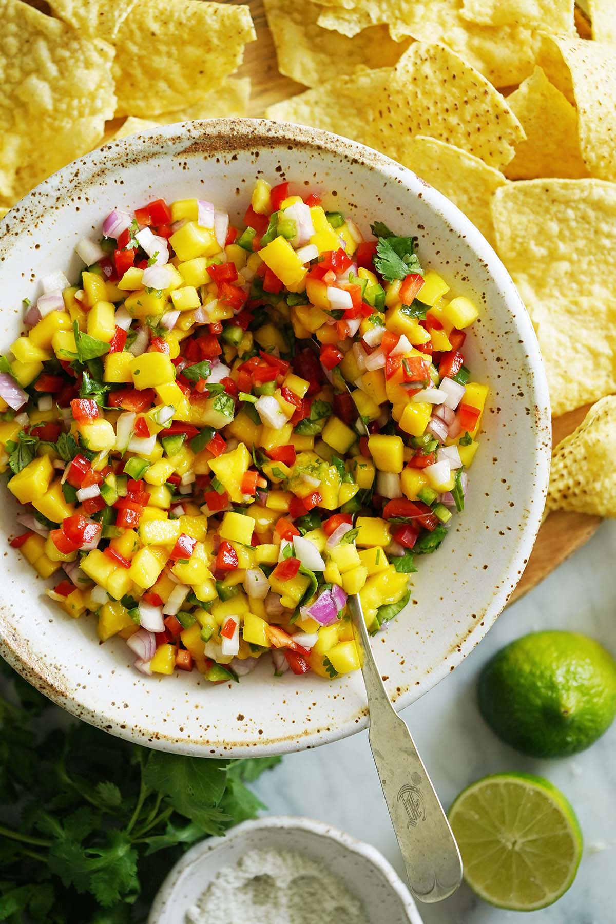 stoneware bowl with best mango salsa recipe