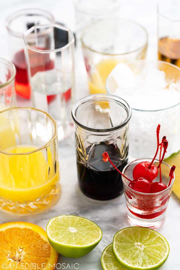 variety of drink ingredients and garnishes