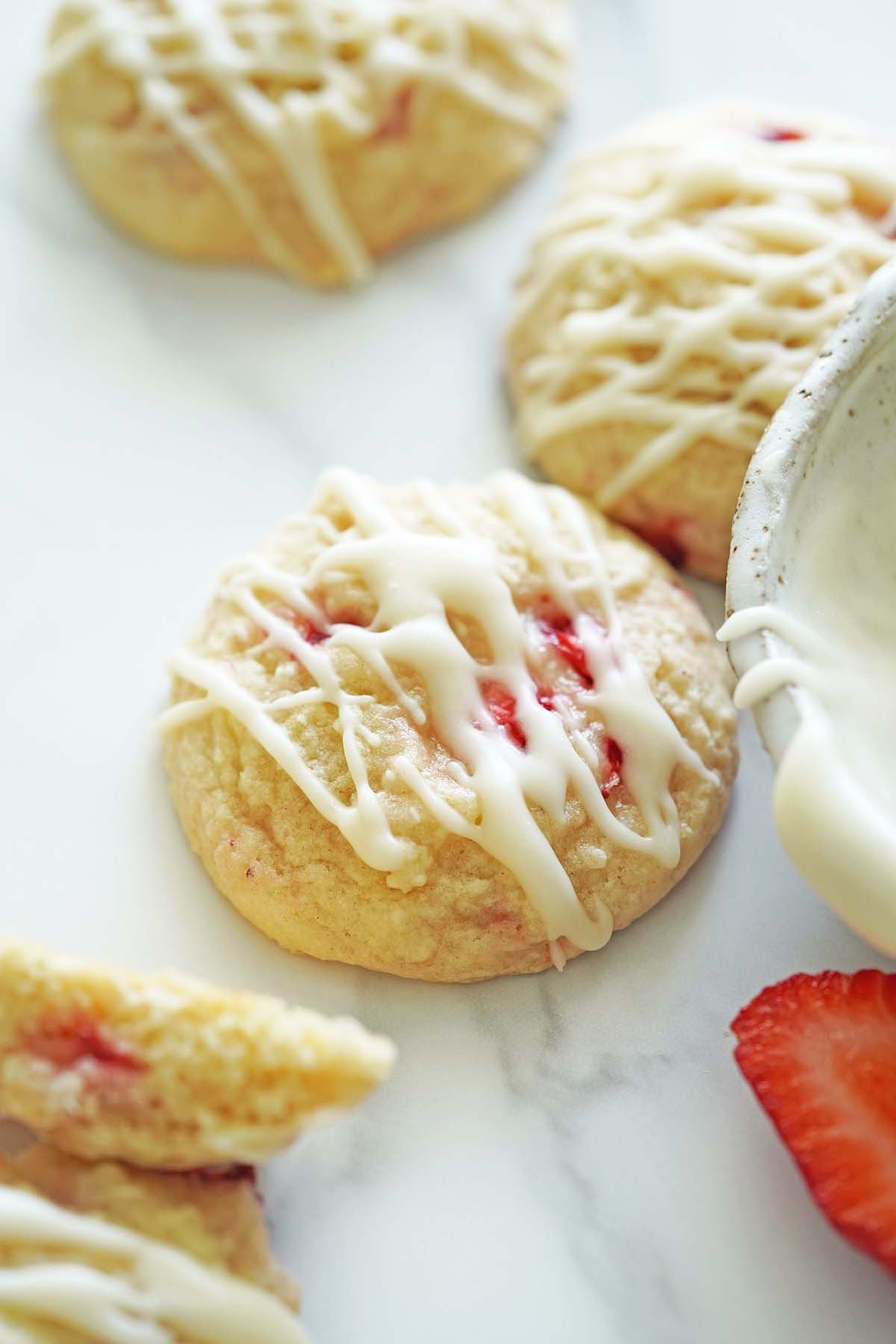 chewy fresh strawberry sugar cookies with glaze