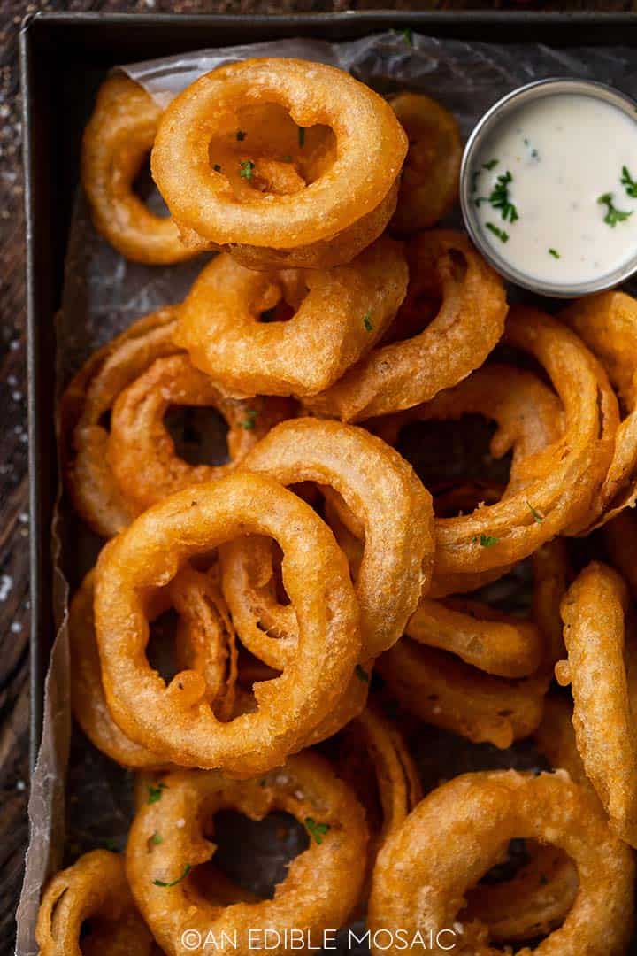 close up overhead view of deep fried onion rings