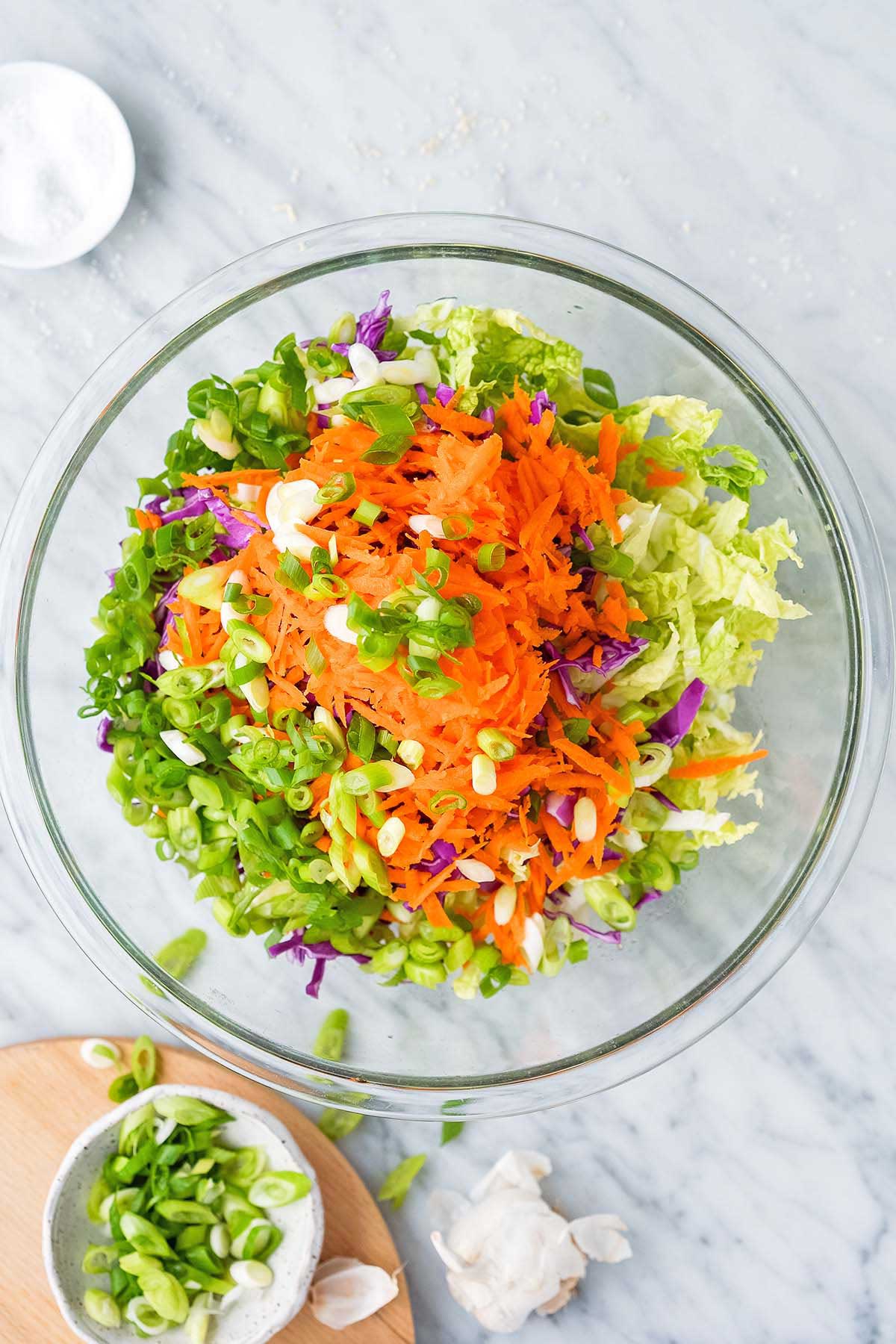 components for ramen salad in bowl
