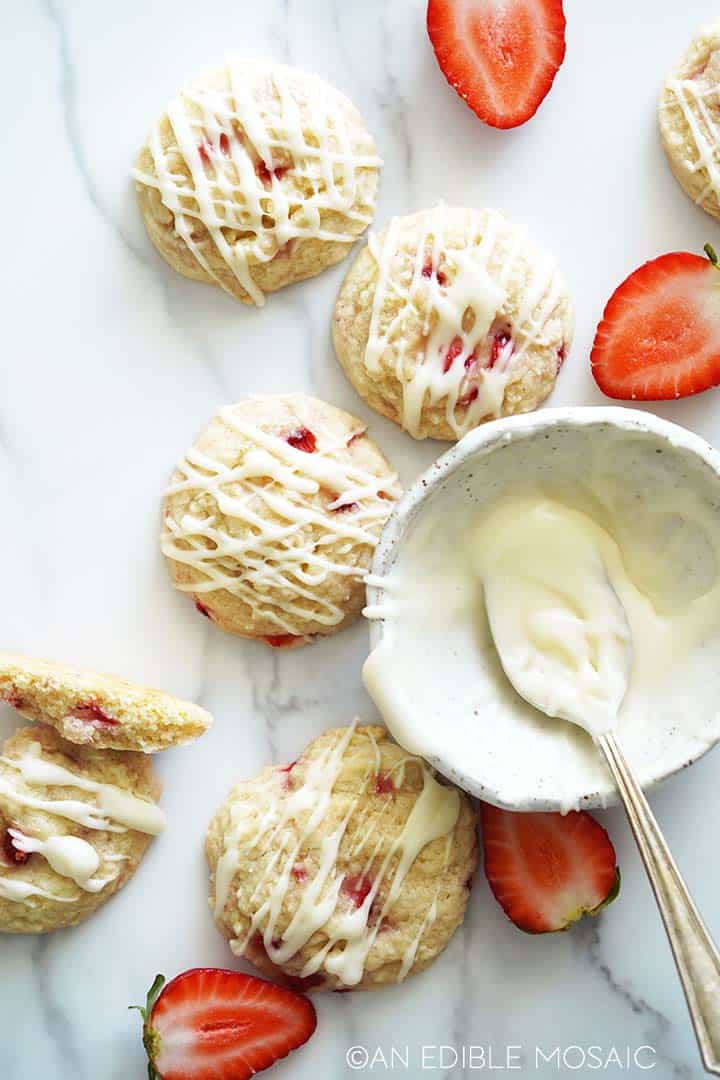 fresh strawberry cookies with icing drizzle