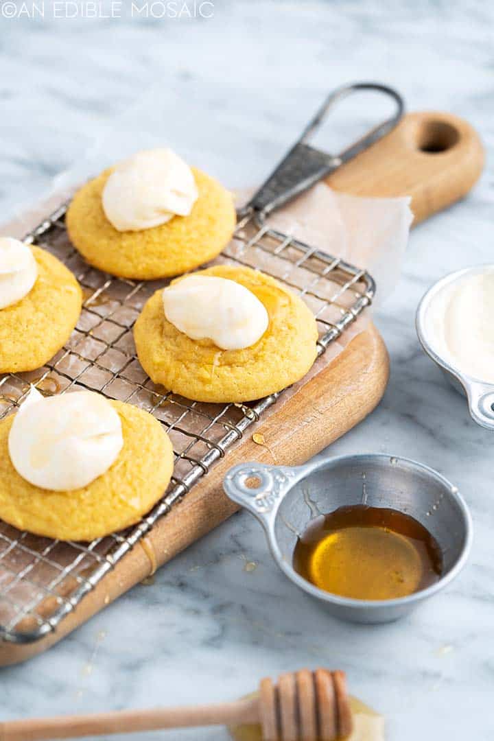 front view of cornbread cookies on wire rack