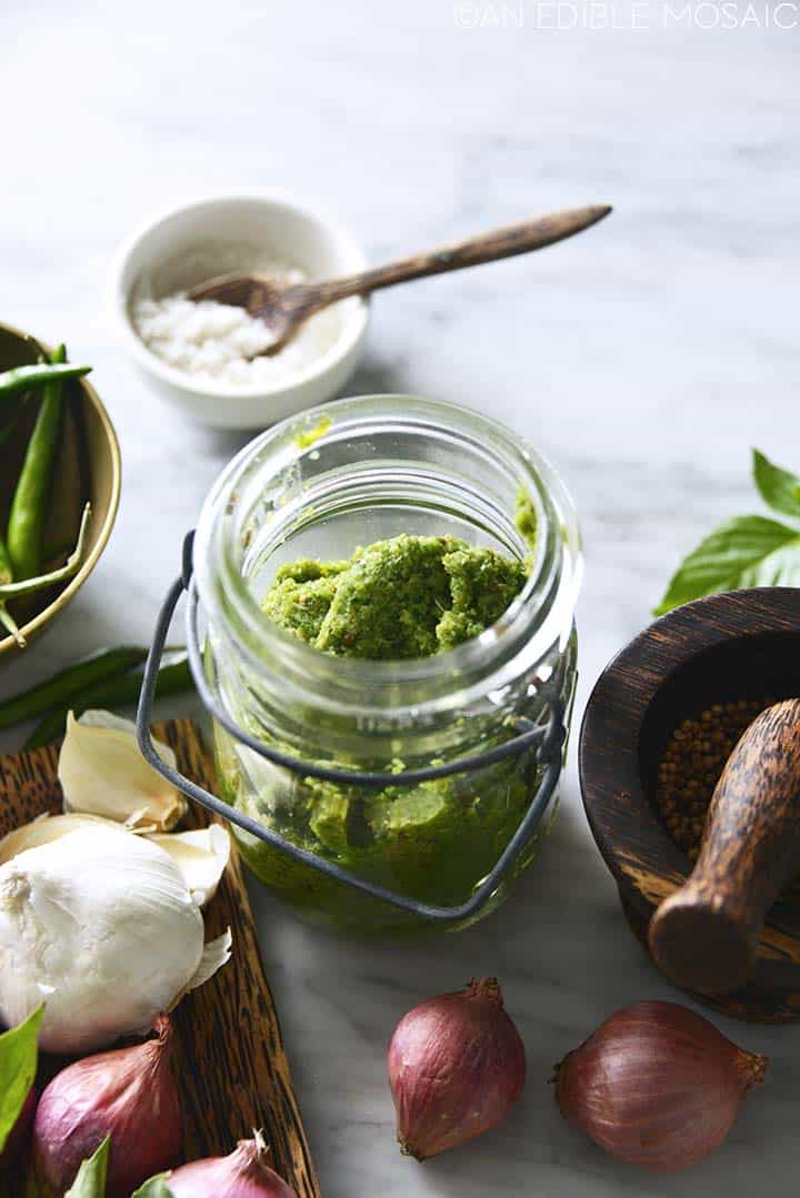 homemade green curry paste in jar