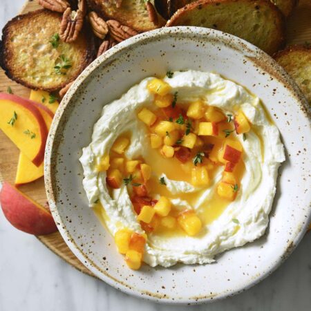 whipped feta with honey peaches recipe featured image