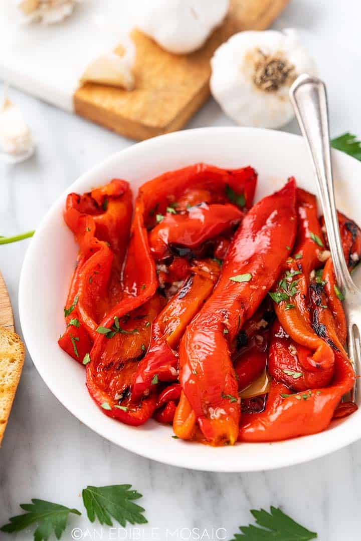 grilled peppers in white bowl