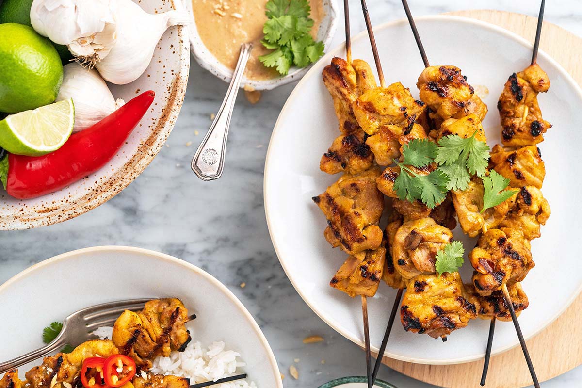 indonesian chicken satay skewers with peanut sauce