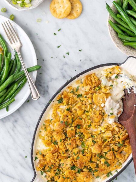 million dollar chicken casserole recipe featured image served with green beans