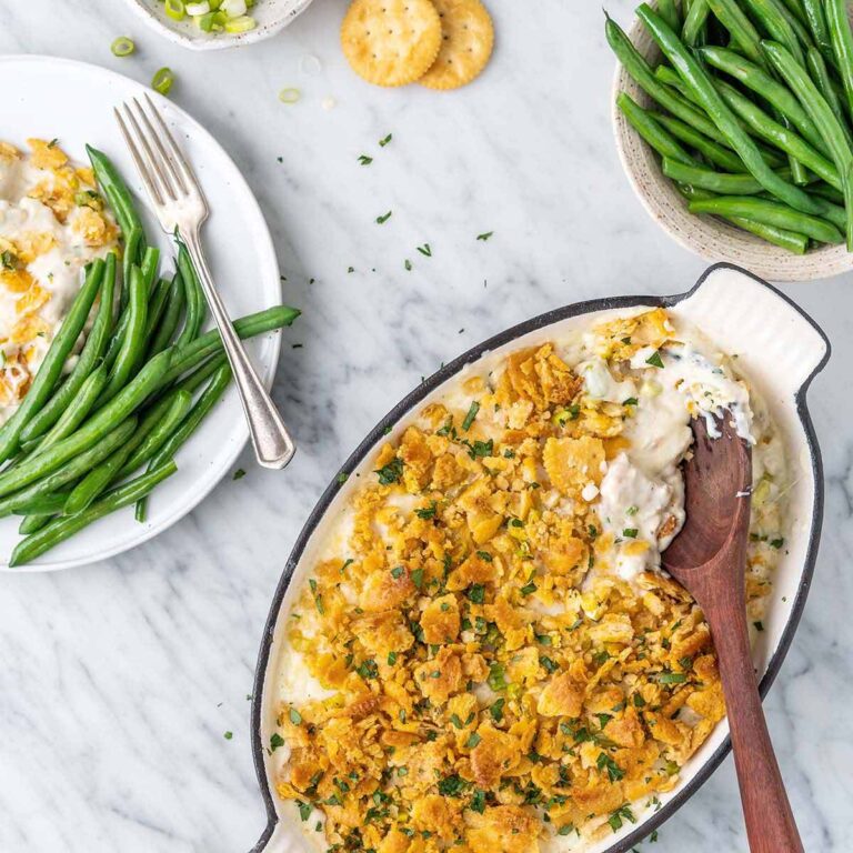 million dollar chicken casserole recipe featured image served with green beans