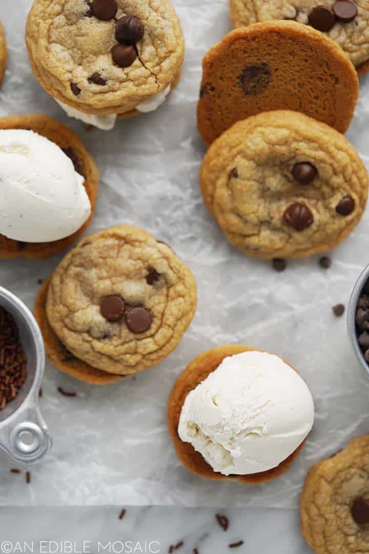 scoop of vanilla ice cream on top of cookie