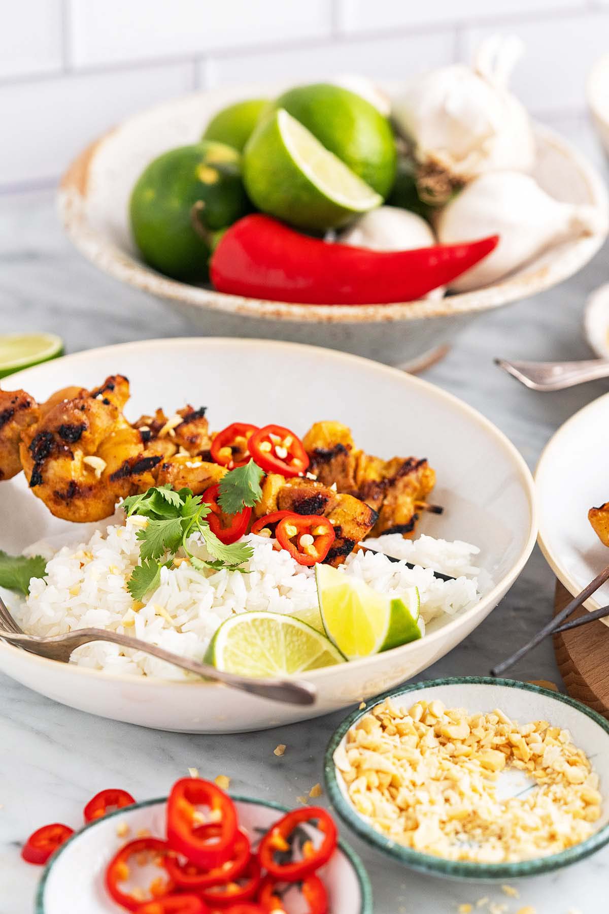 thai chicken satay with peanut sauce and jasmine rice