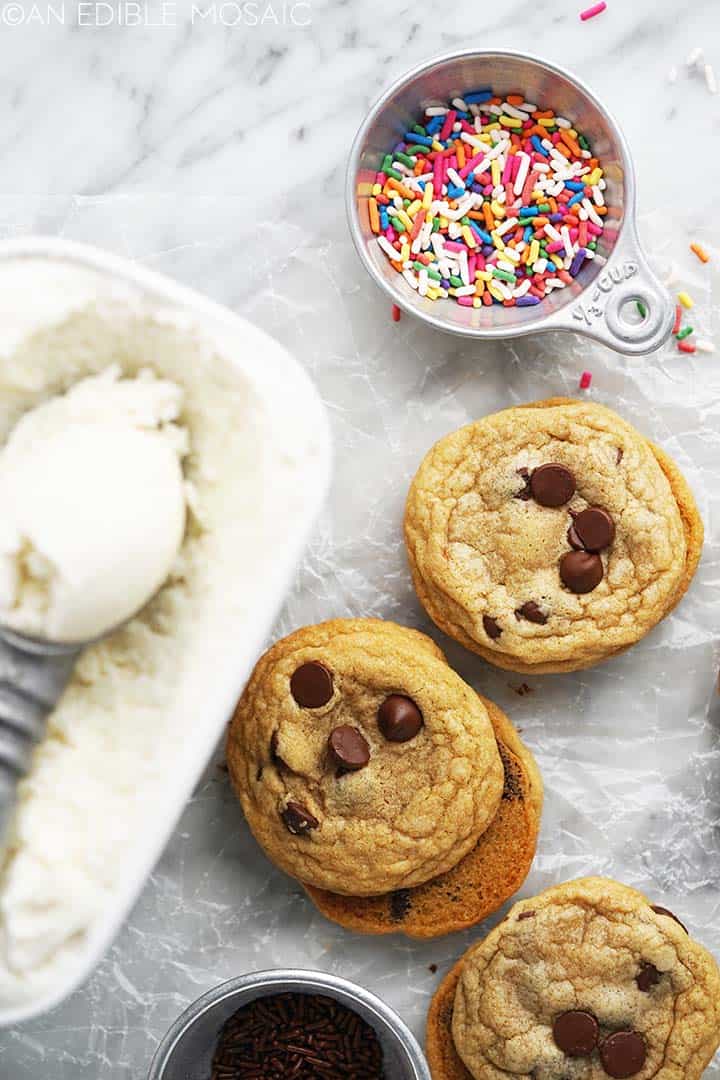 tub of ice cream with chocolate chip cookies and sprinkles