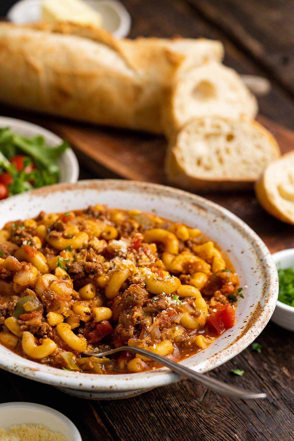 front view of easy weeknight ground beef goulash in bowl