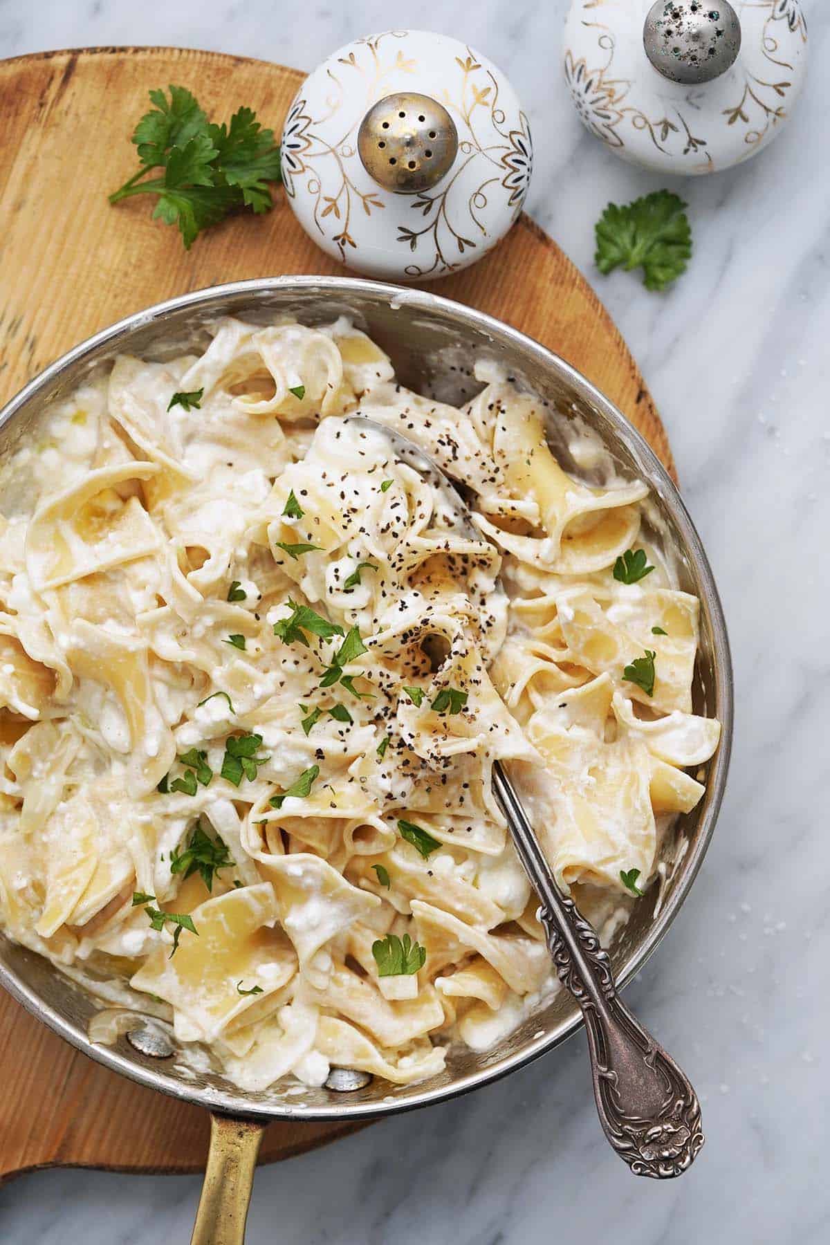 overhead view of polish cottage cheese noodles