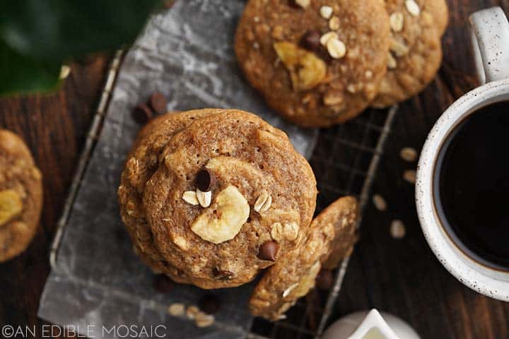 chewy banana chocolate cookies with cup of coffee