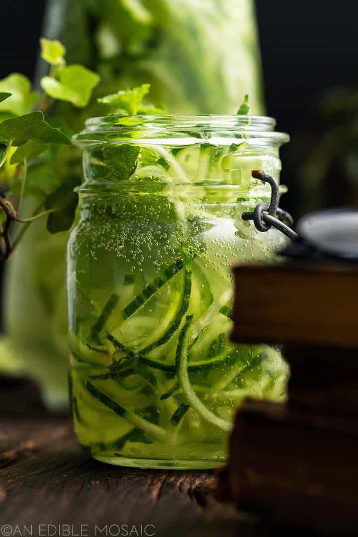 close up front view of glass of spa water with cucumber lime and mint