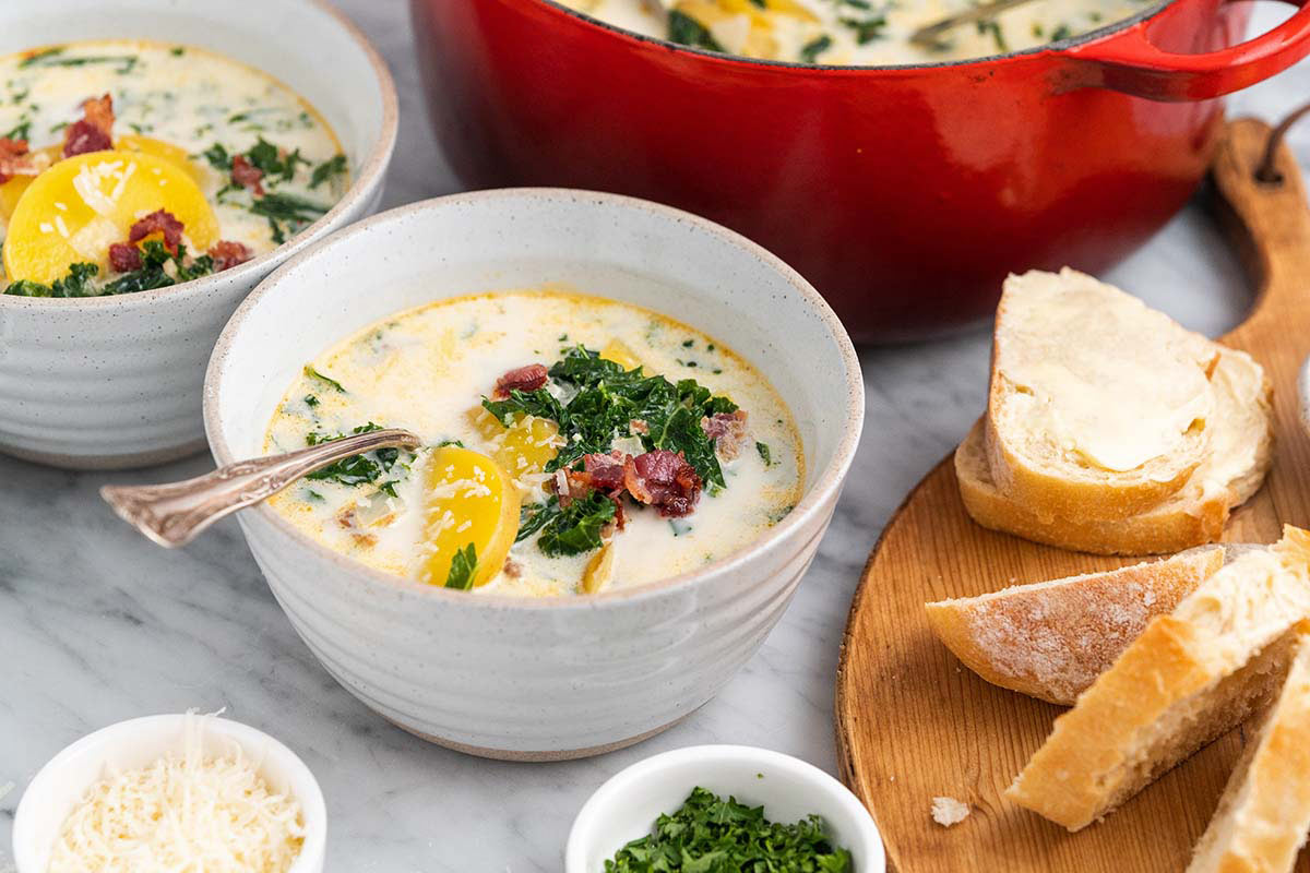 homemade creamy kale soup with sausage and potatoes