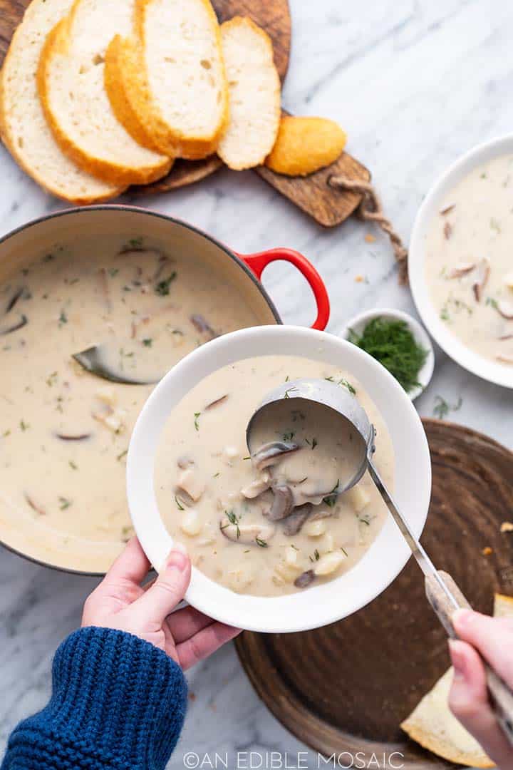 ladling mushroom soup into bowl